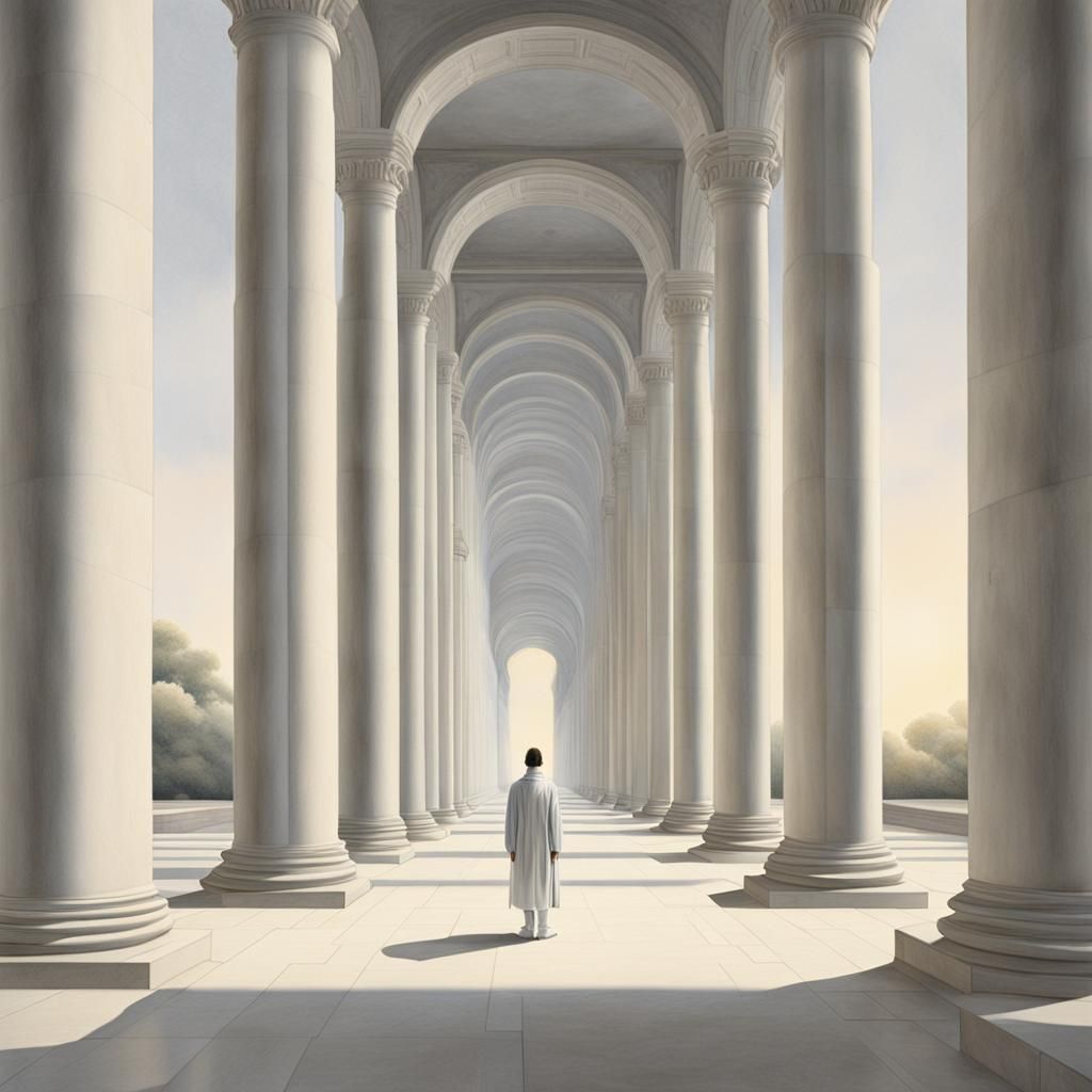 Symmetrical Columns Frame Solitary Figure in White