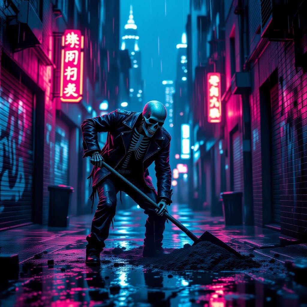 Neon Gravedigger Skeleton in Cyberpunk Alley