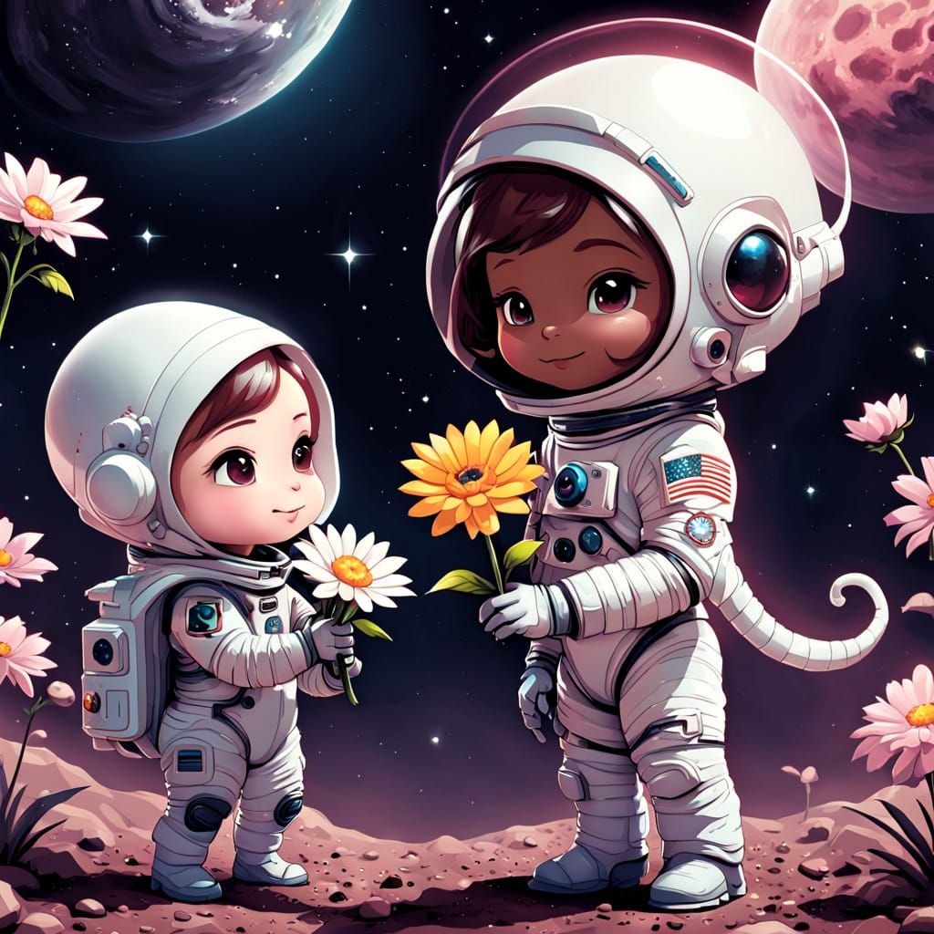 Chibi Astronaut Presents Cosmic Flower Bouquet