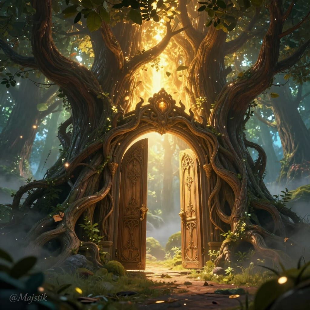 Enchanted Gateway of Glowing Ancient Tree in Fantasy Forest