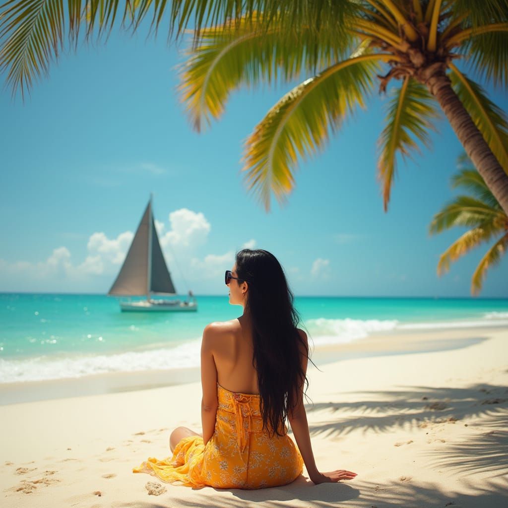 Spanish Woman Sunbathing on Beach in Hyperrealism Style