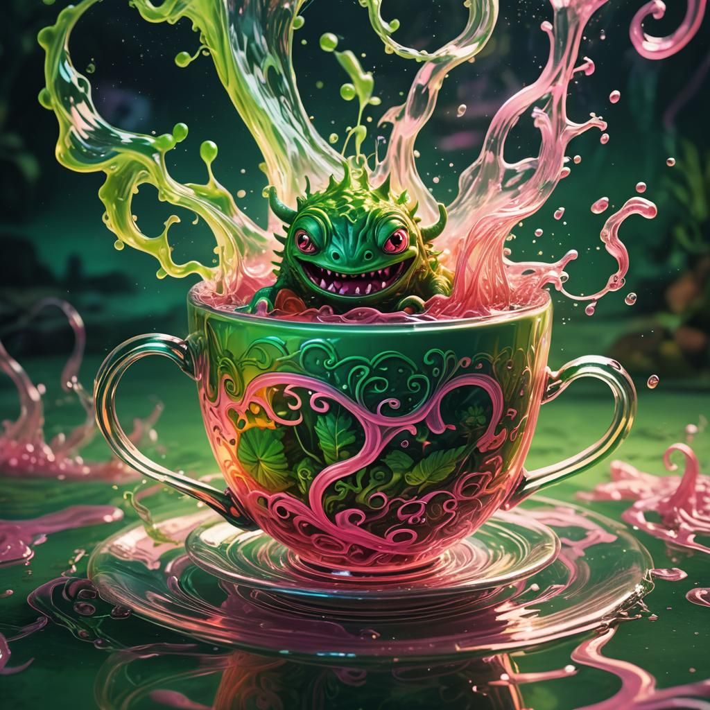 Mini Monster Swims in Tea: Fluorescent Digital Art