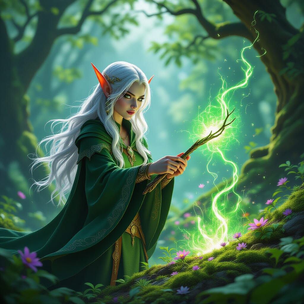 Elf Conjures Magical Flora in Sunlit Forest Clearing