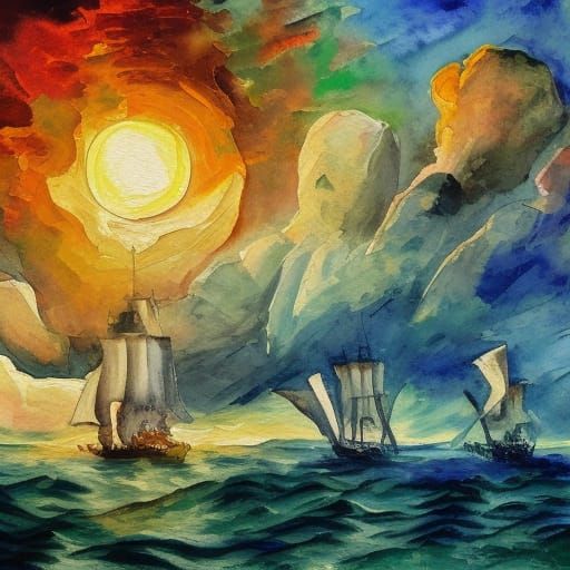 Ship in Gouache and Watercolor Impressionist Style