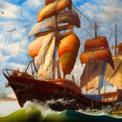 Ship in Gouache Style Watercolor Painting