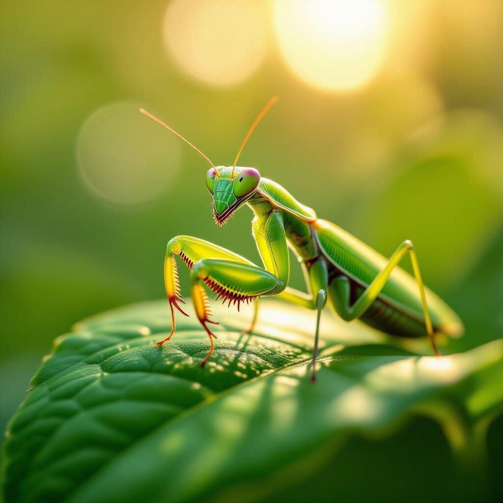 Green Praying Mantis Camouflaged on Leaf in Golden Hour Ligh...