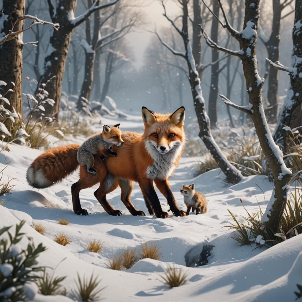 Fox and Weasel in Snowy Fantasy Landscape