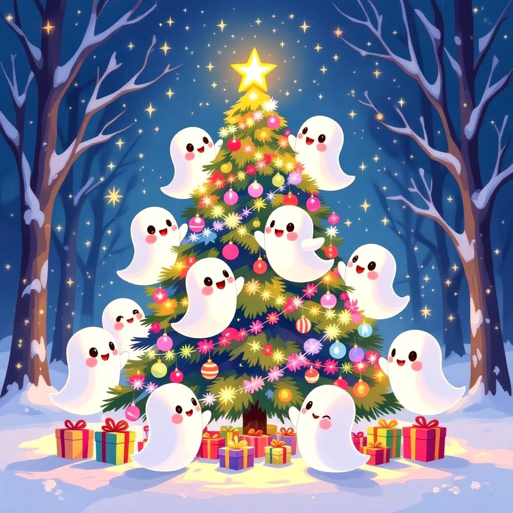 Cute Ghosts Decorate Christmas Tree