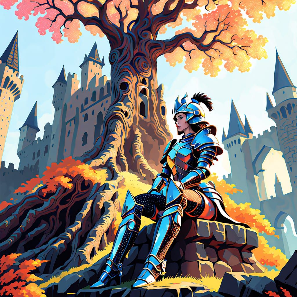 Fantastical Female Knight in Ukiyo-e Style