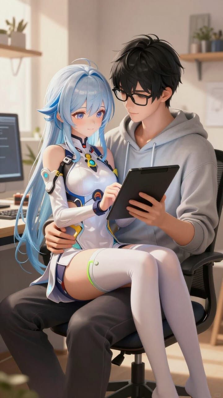 Anime Style Art: Man and Girl in Studio