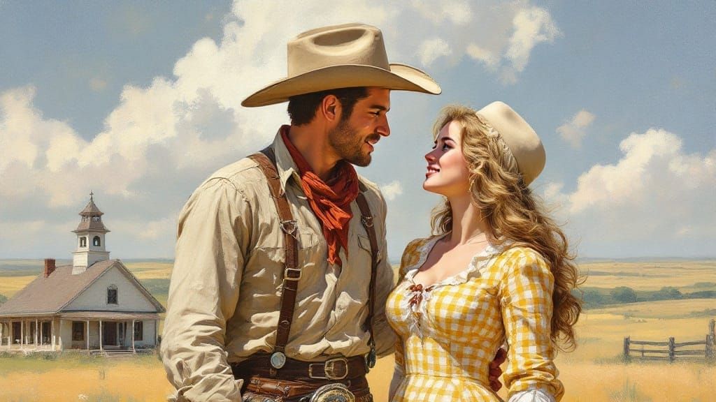 Impressionistic Western Scene of Cowboy and Woman in Yellow ...