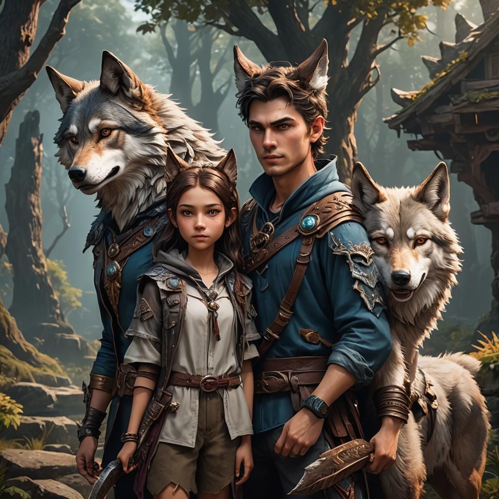 Fantasy Couple with Wolf Features in Detailed Digital Art