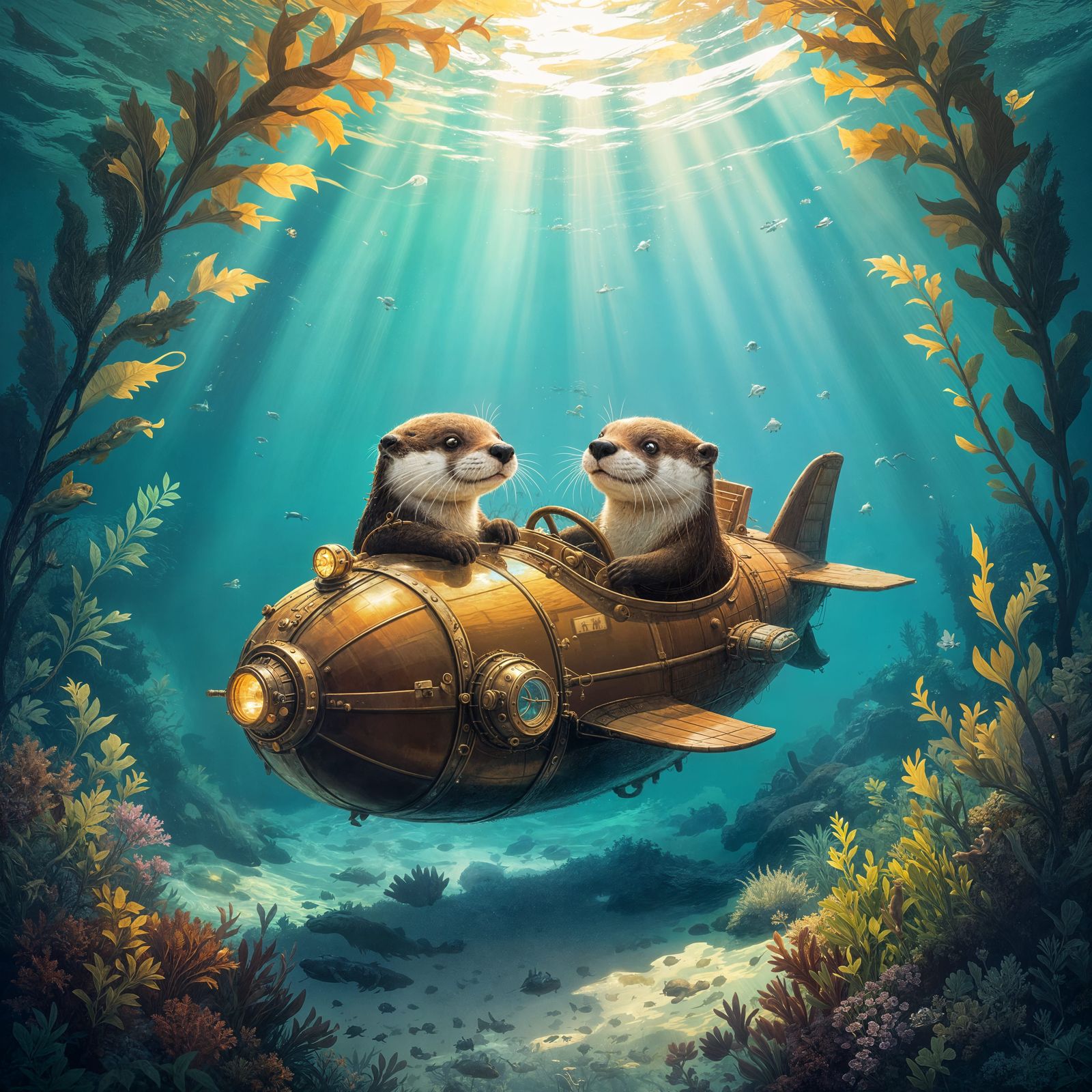 Otters Pilot Steampunk Submarine in Enchanting Kelp Forest