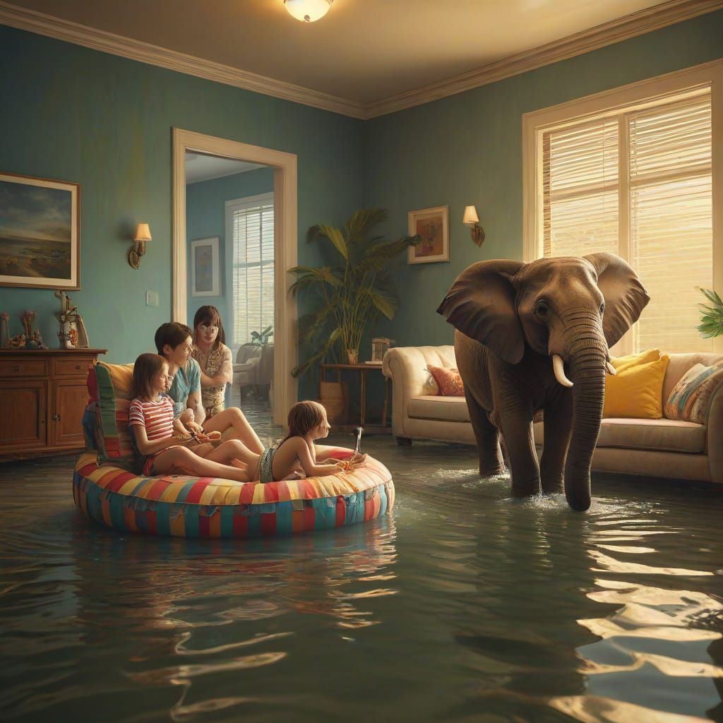 Surreal Family Fun in Flooded Living Room