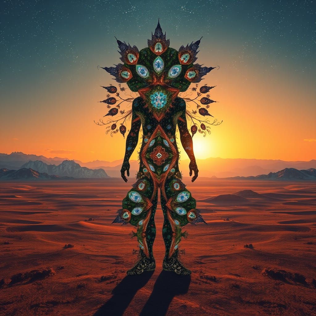 Mirrored Fractal Human in Kaleidoscopic Landscape