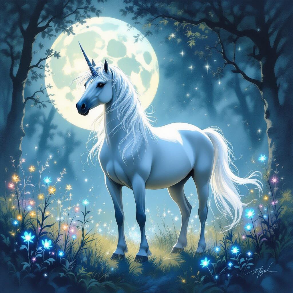 Majestic Unicorn in Magical Forest, Charcoal and Ink