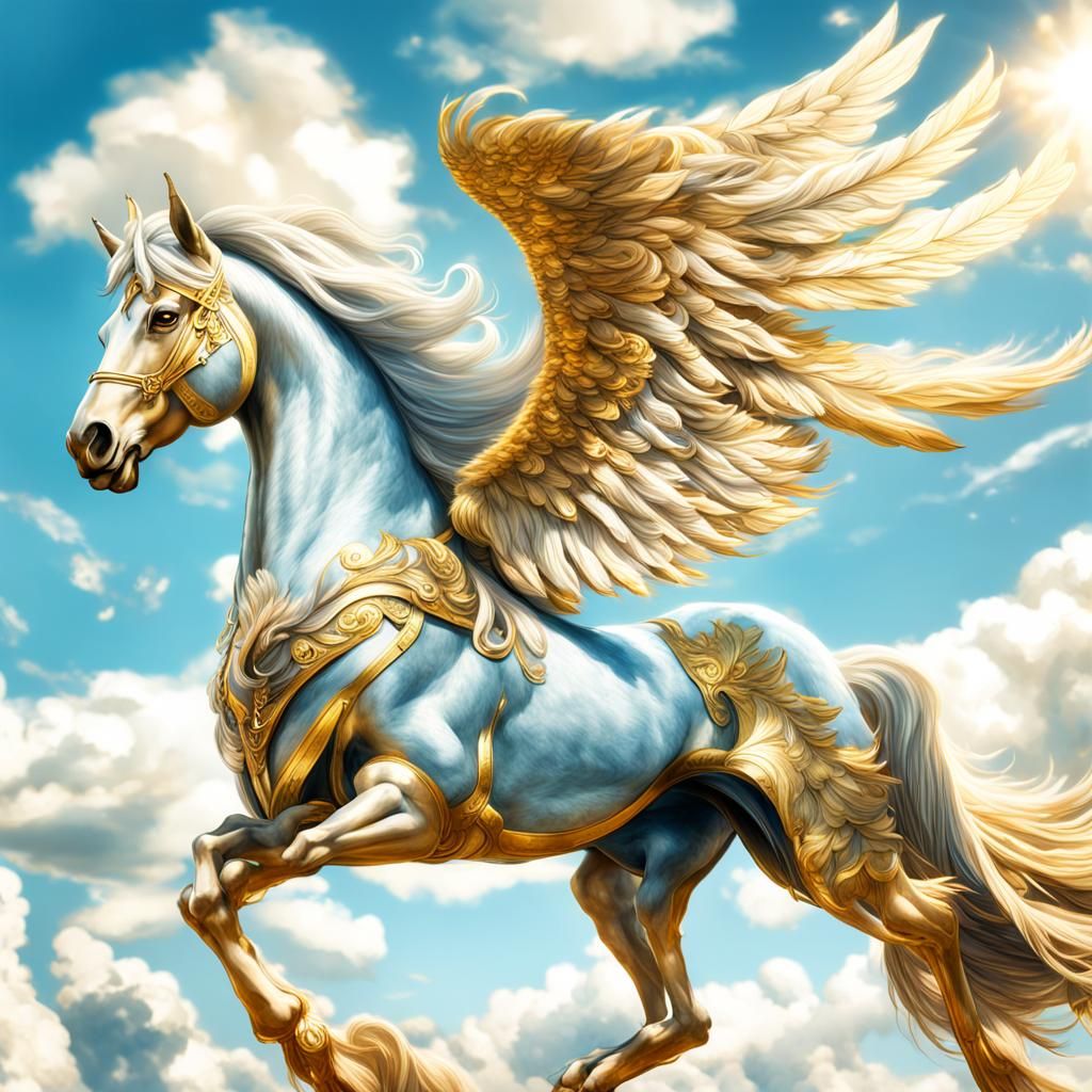 Golden Pegasus Soaring in a Dreamy Sky