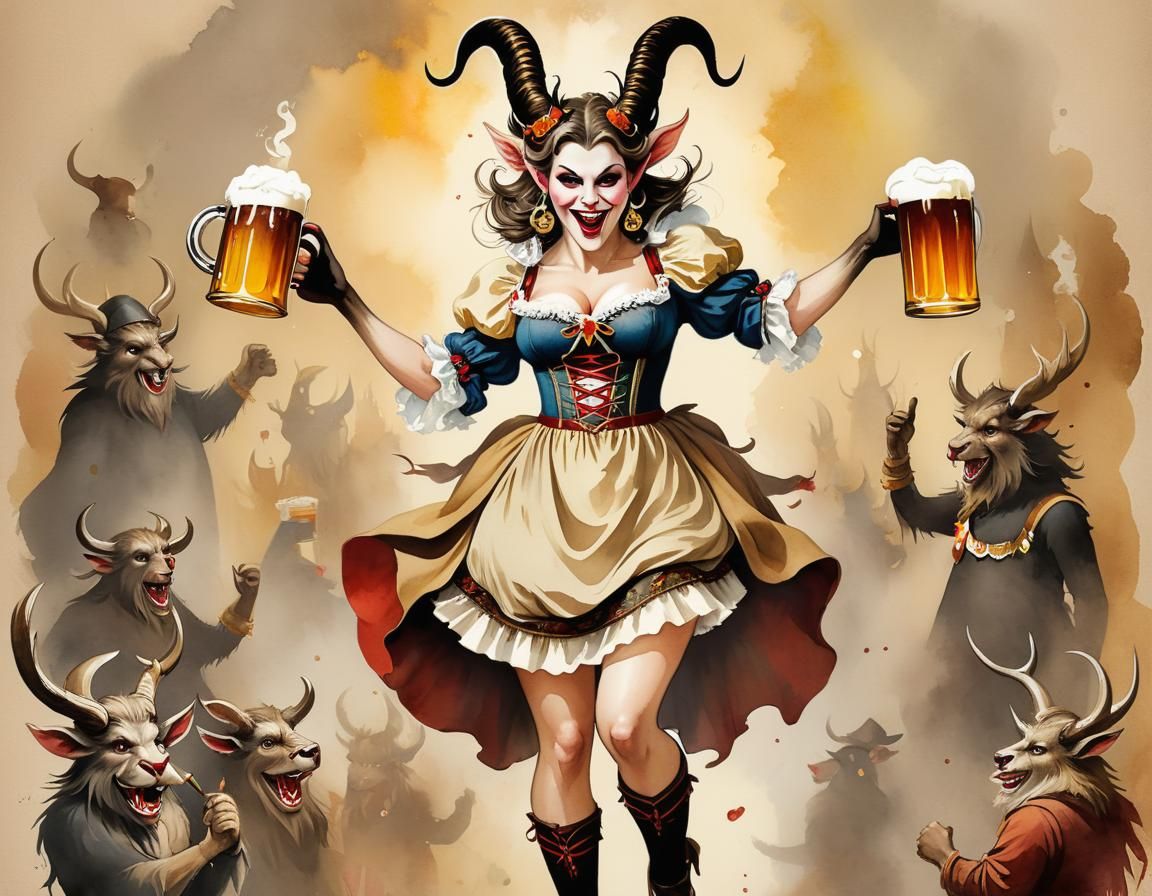 Oktoberfest Krampus Bierfrau in Whimsical Watercolor Style