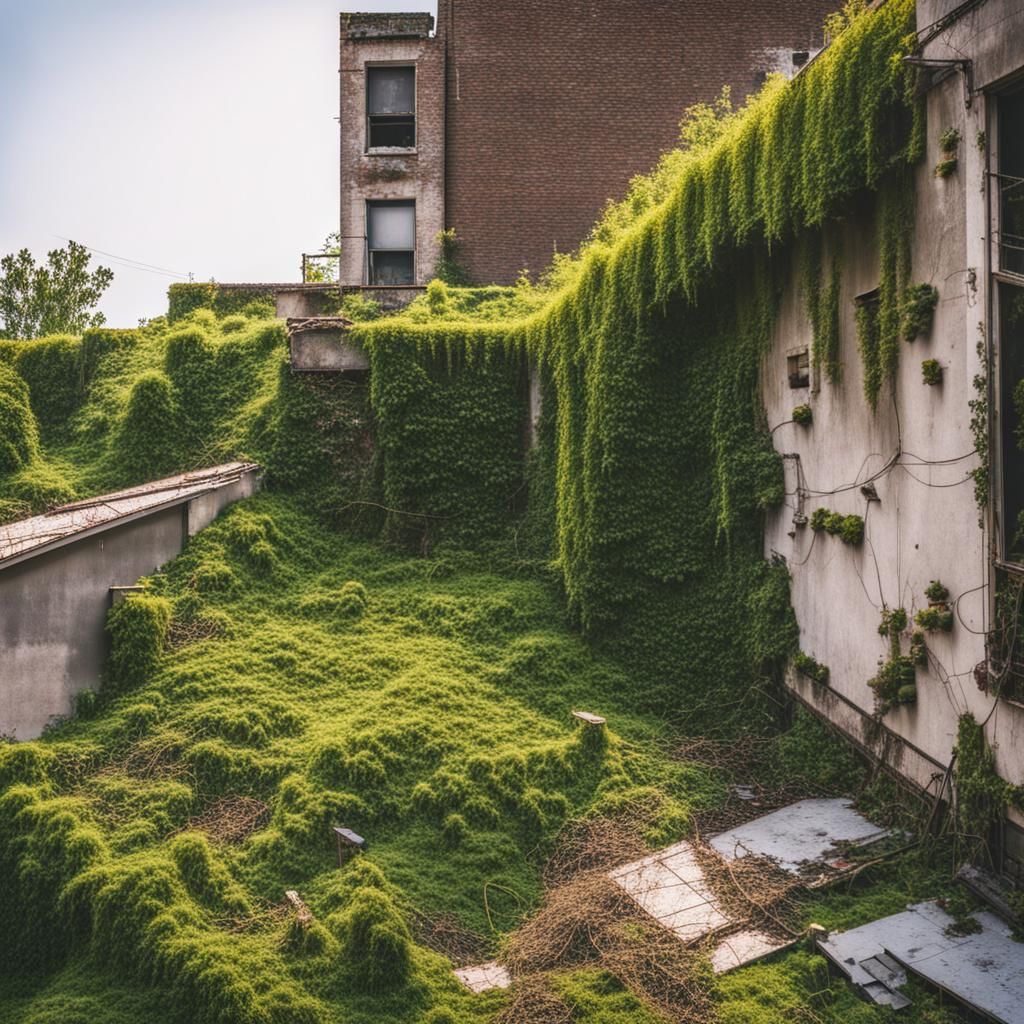 Overgrown Rooftop Urban Garden in Abandoned City