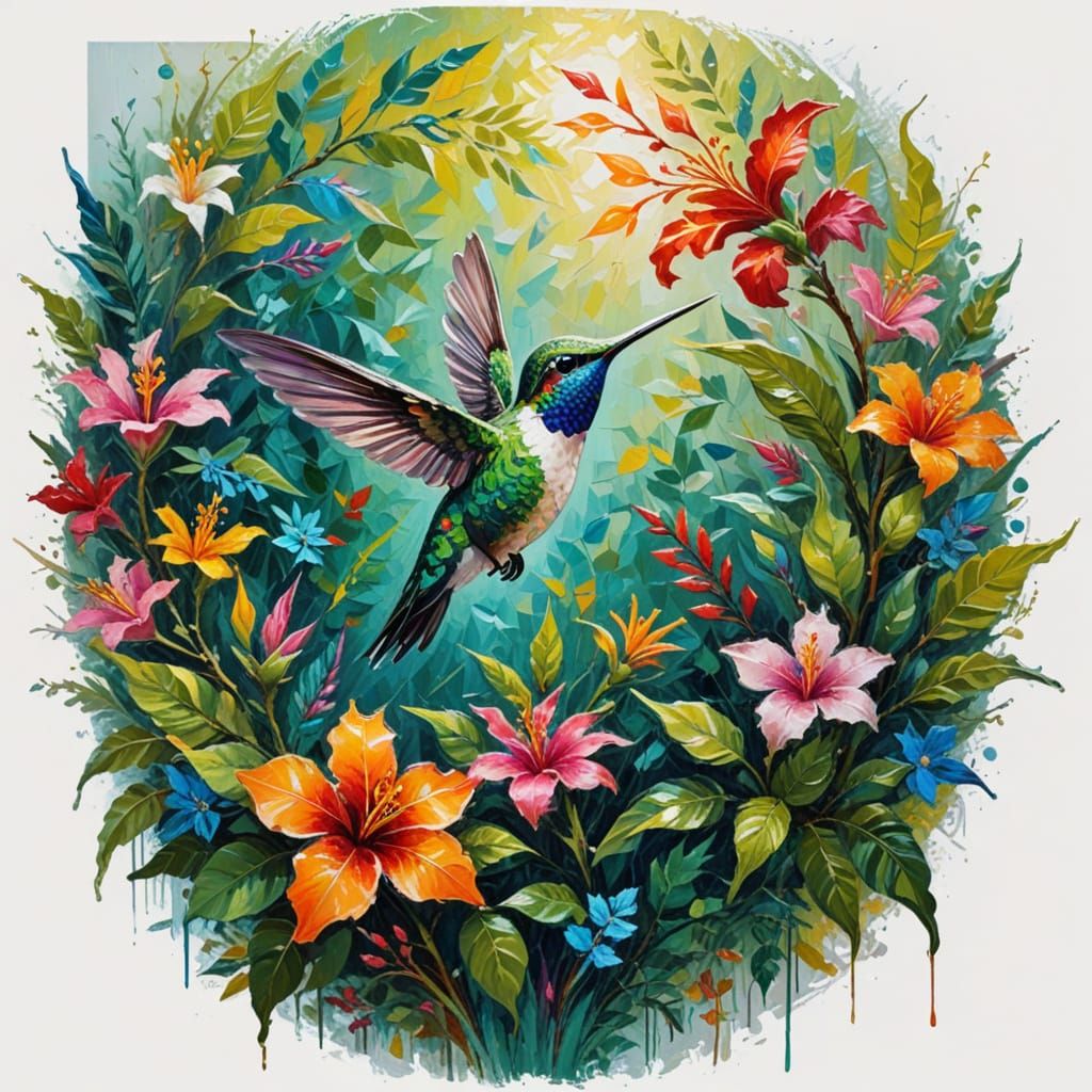 Vibrant Hummingbird in a Tropical Floral Oasis