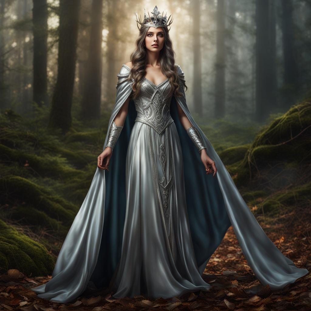 Hyperrealistic Forest Sorceress in Silver Dress