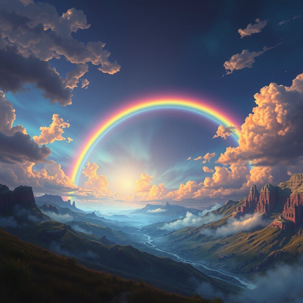 Vibrant Rainbow Arcs Across Dreamlike Landscape