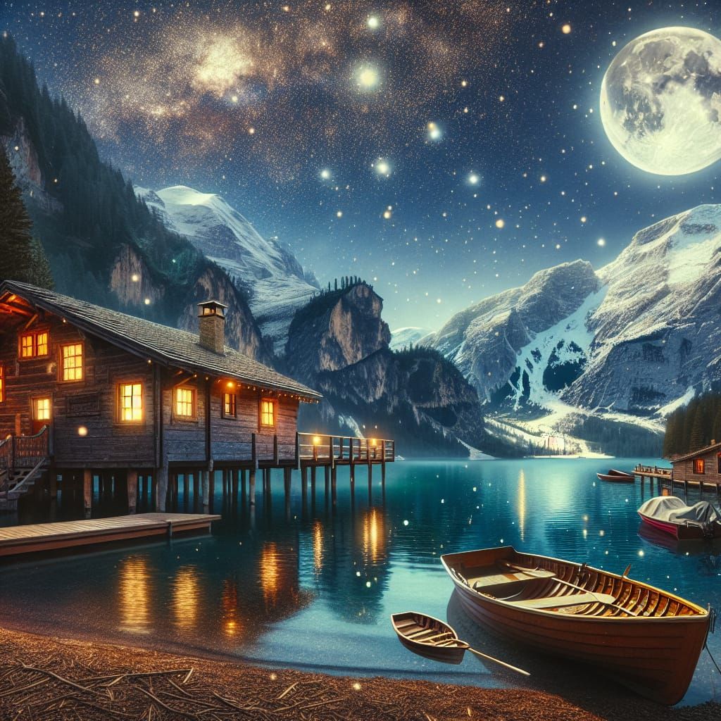 Moonlit Mountain Lake Cabin Scene