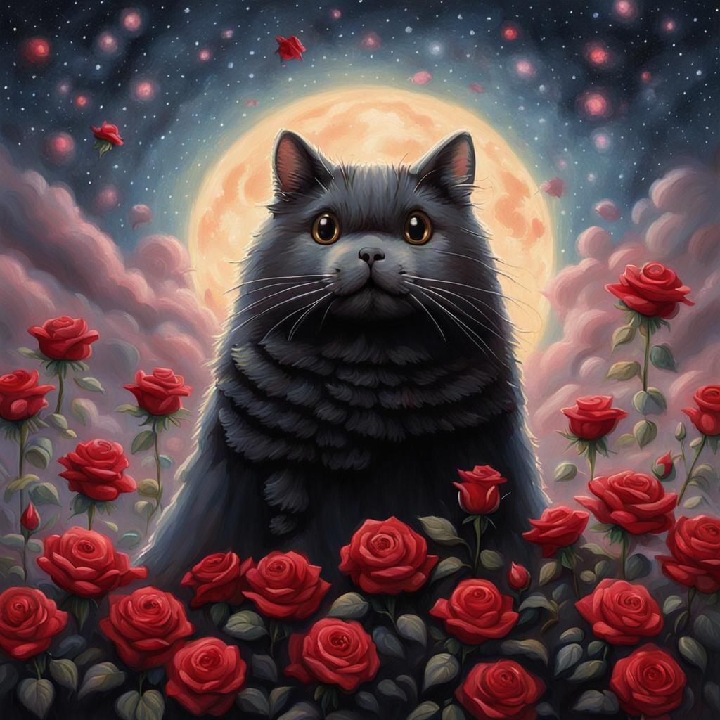 Pusheen in Roses Gown Under Starry Sky