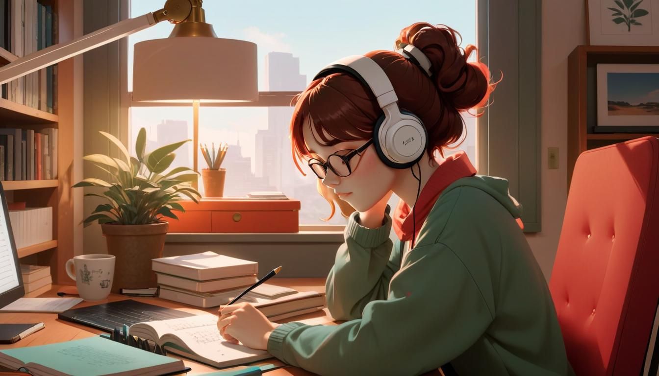 LoFi Girl  studying at home at desk wearing headphones