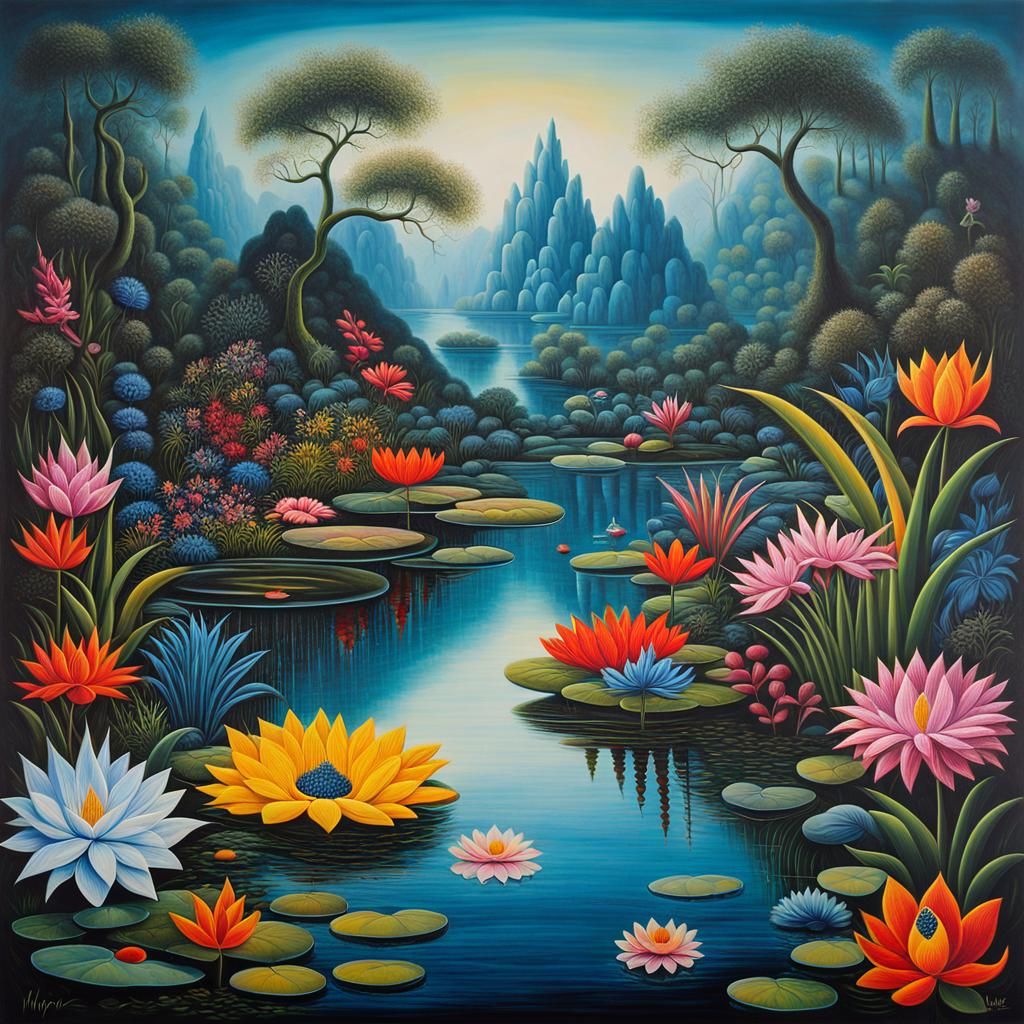 Exotic Flowers in Surreal Landscape, Oil on Canvas