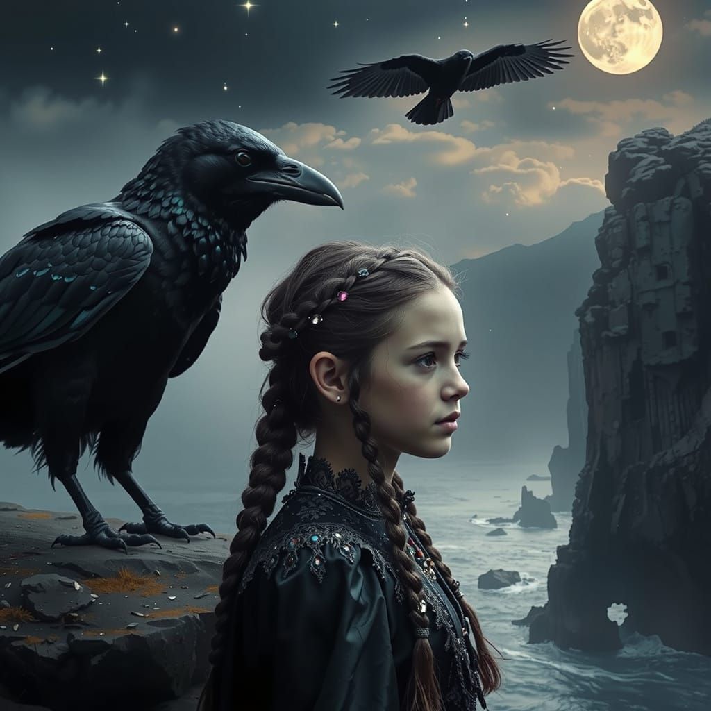 Girl on Cliff with Gemstone Braids & Raven