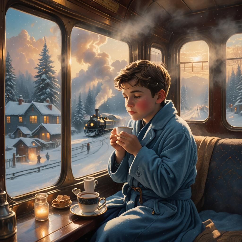 Boy on Polar Express in Winter Wonderland