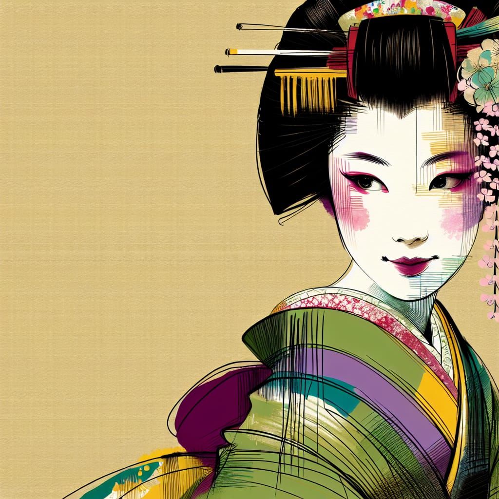 Minimalist Gouache Painting of Maiko with Sakura Hairpin