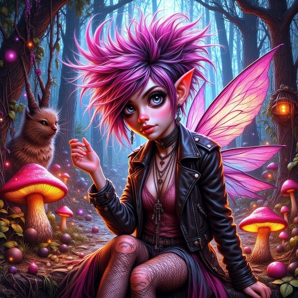 Punk Rock Pixie in Mystical Forest, Cyberpunk Style