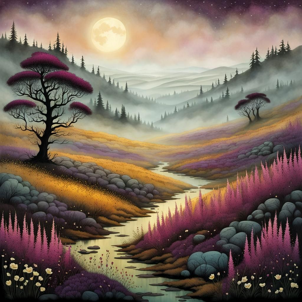 Heather in Morning Mist: Intricate Comic Book Art