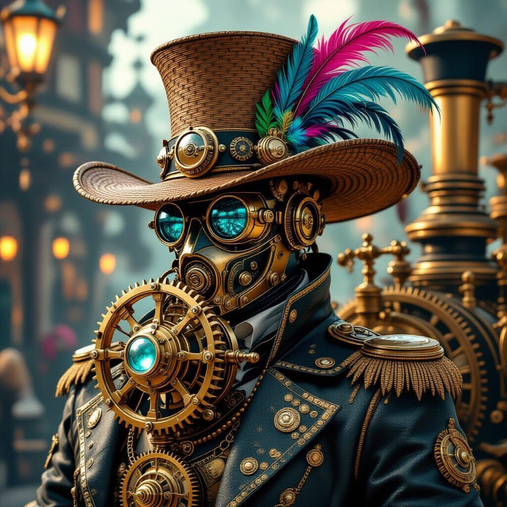 Steampunk Engine with Seagrass Hat Illustration