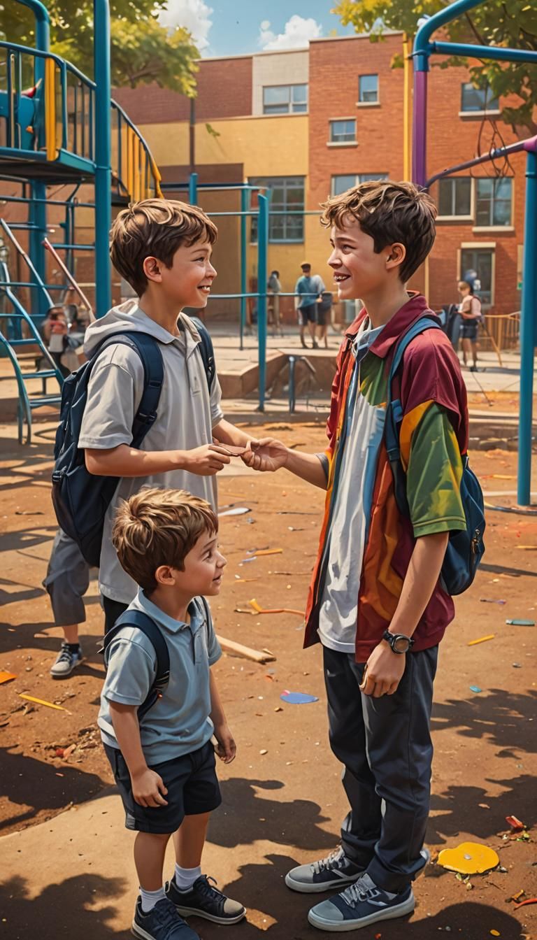 Primary School Students Talking: Hyperrealistic Splash Art
