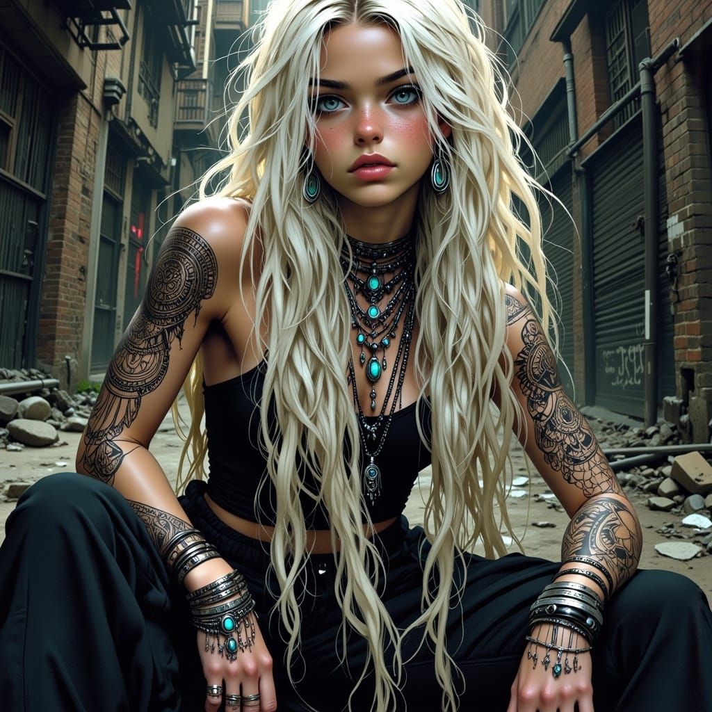 Dystopian Beauty: Woman with Flowing Hair in Ruins
