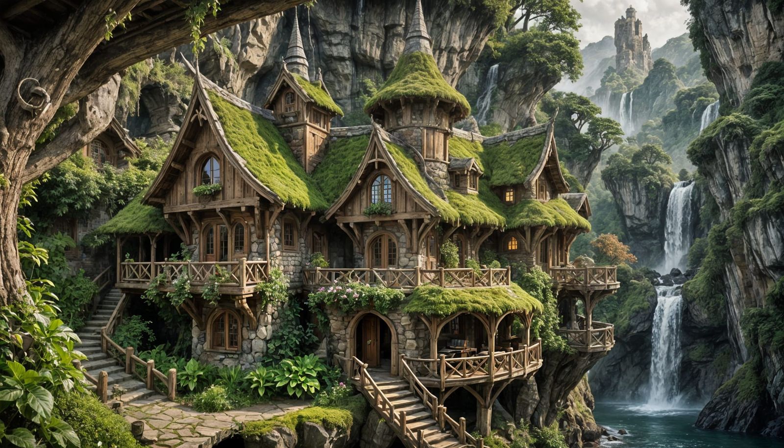 Elven House by Waterfall in Fantasy Realism