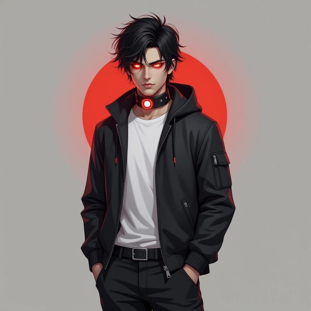 Man With Red Aura and Glowing Eyes in Neo-Noir Style