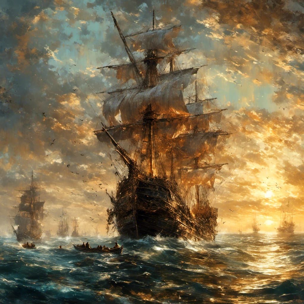 Peaceful Encounter on Shimmering Sea in Classical Style