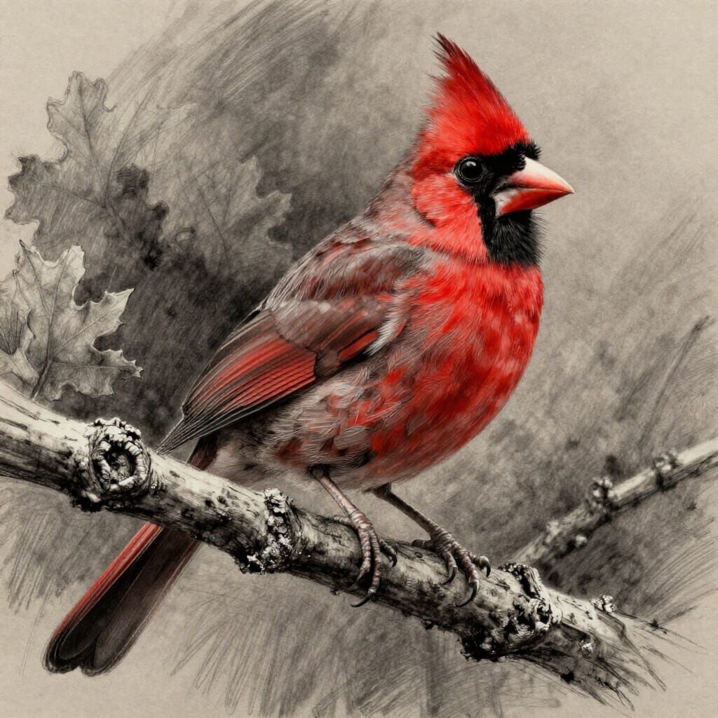 Hyperdetailed Charcoal Drawing of a Cardinal on Oak Branch