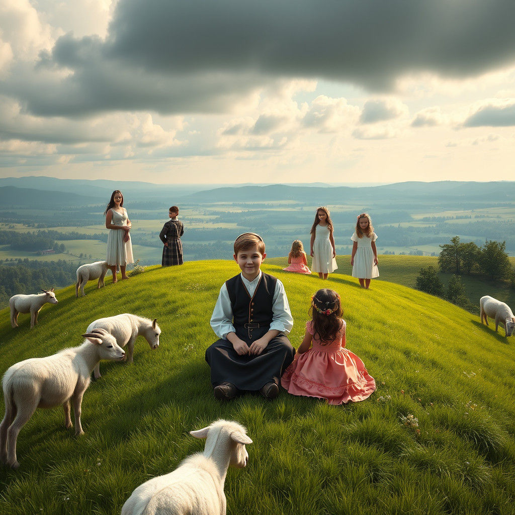 גבר חרדי ליטאי עם שתי ילדות בנות 9 נערי גבעות בגבעה עם כבשים גזע ועם חמור גזעי לבן בן 9 ואמא בלבוש מינימלי