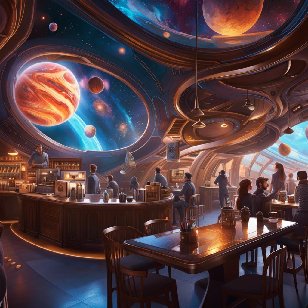 Cosmic Coffee Shop with Futuristic Baristas