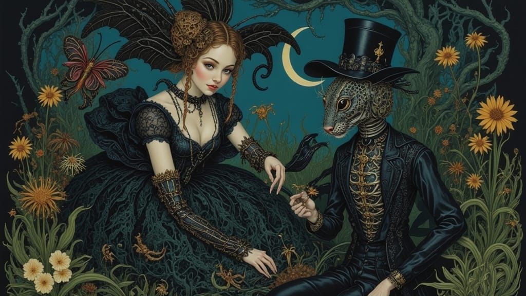Elegant Victorian Couple in Mystical Moonlit Garden