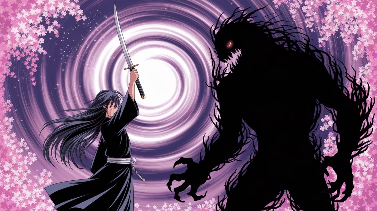 Shoujo Manga: Lone Figure Strikes Shadowy Beast