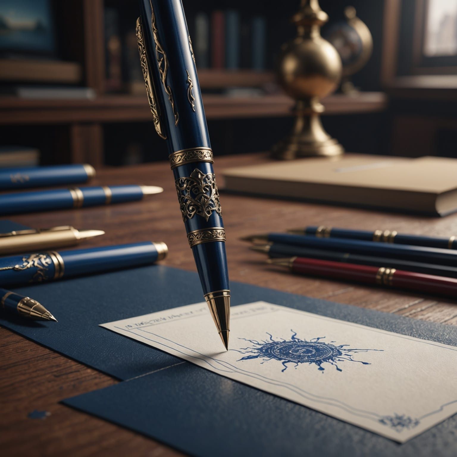 Intricate Desk Scene with Ball Point Pen in Deep Fantasy Col...