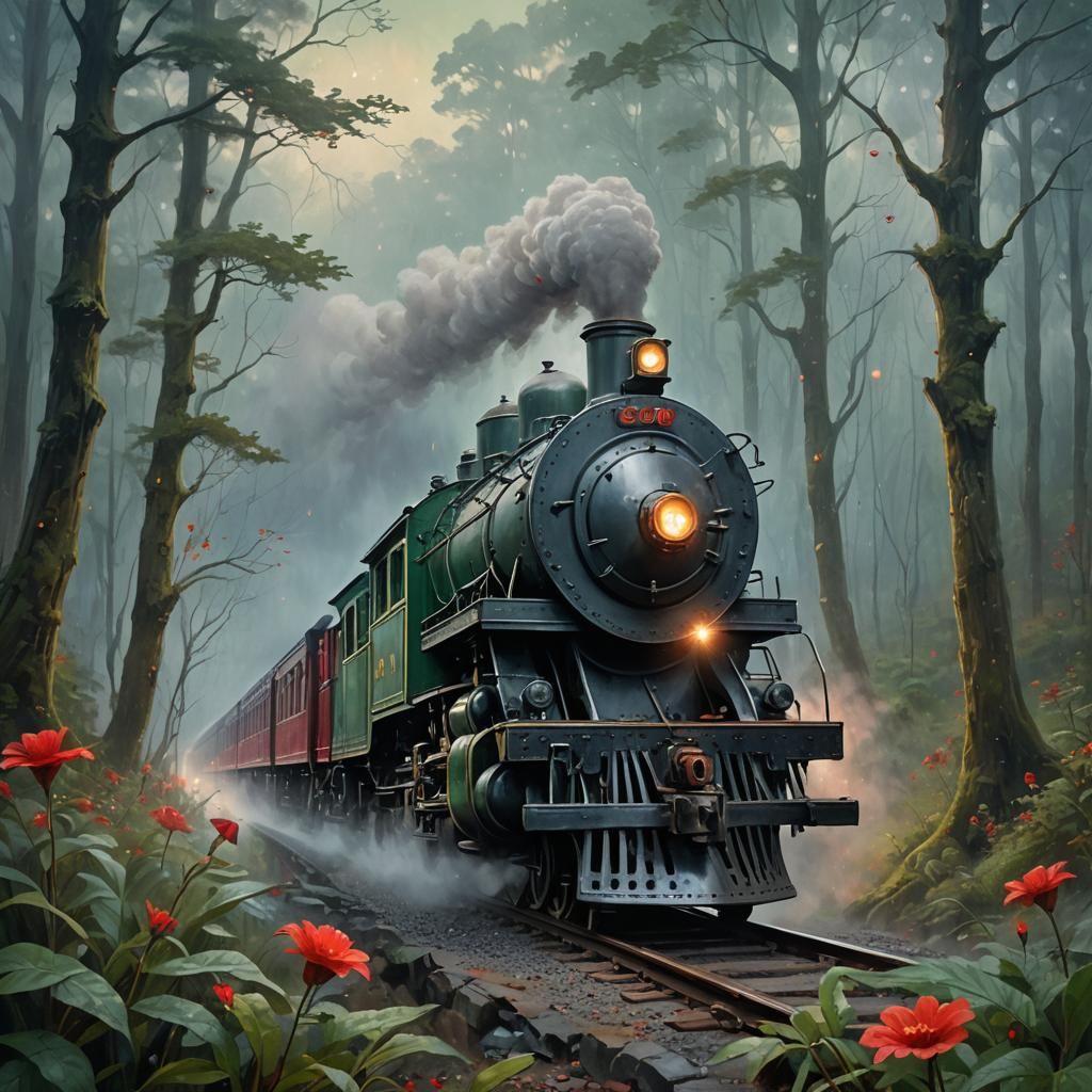 Misty Forest Train with Red Flower, Oil Painting