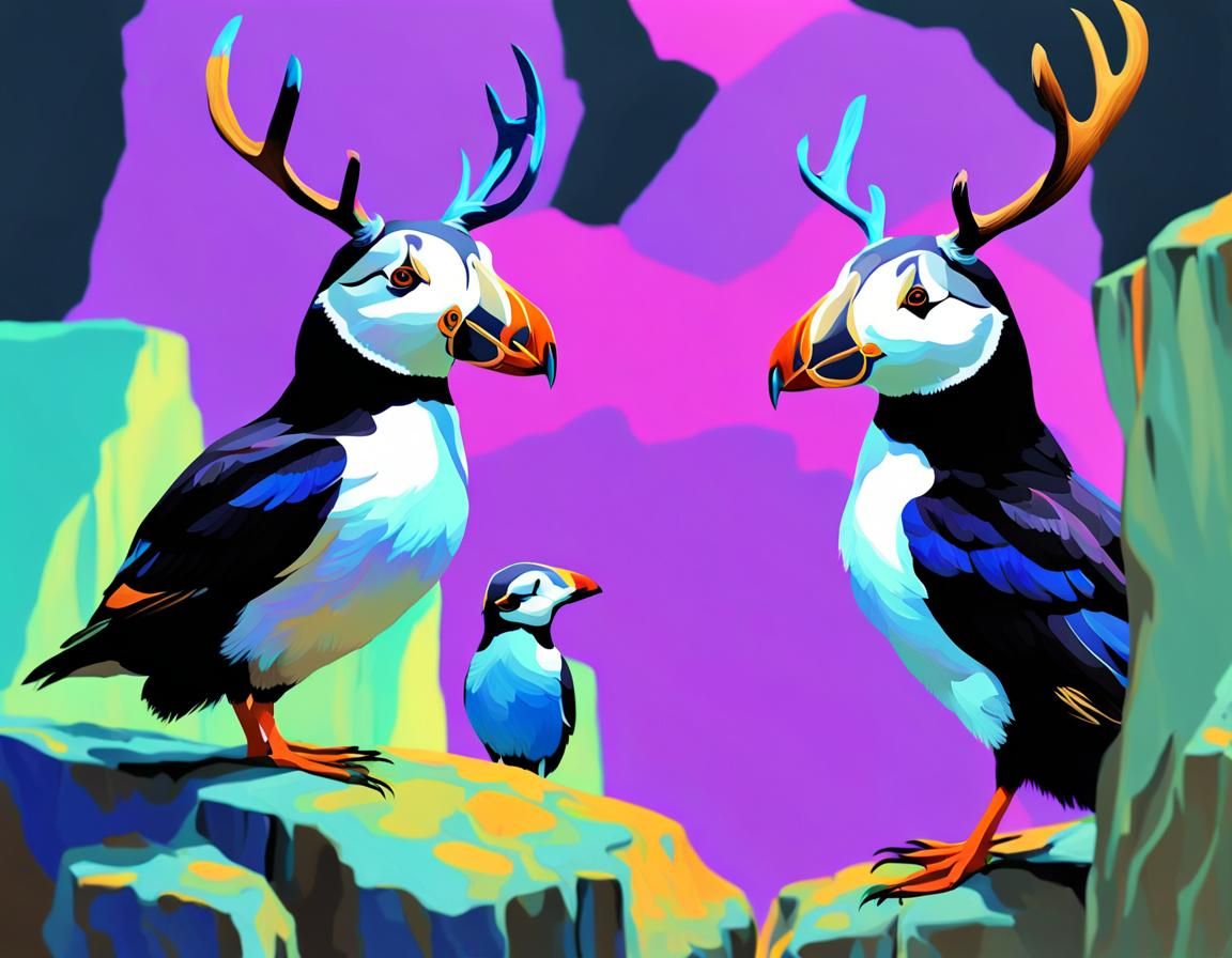 Surreal Puffin with Antlers in Fauvist Colors