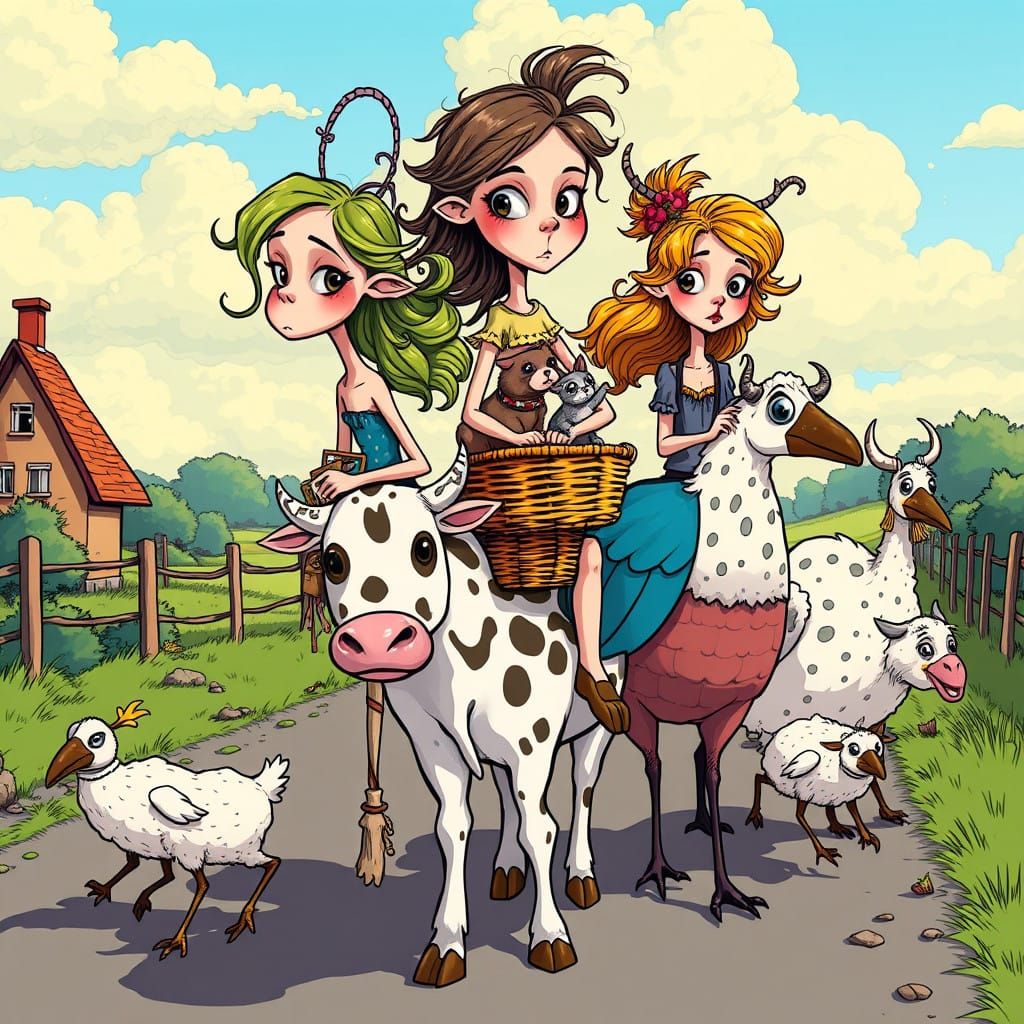 Whimsical Countryside Adventure in Vibrant Comic Book Style